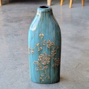 Vintage Teal Liquor Bottle Hand Painted Floral Ceramic Vase